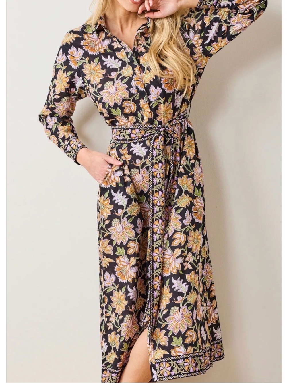 Printfresh M Midi Shirt Dress Tie Waist Floral Boho Artisan Organic Cotton